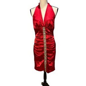 Windsor Red Satin Halter Plunge Neck Beaded Pleated Midi Dress